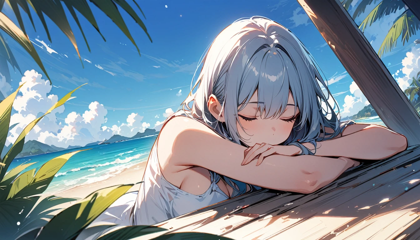 (masterpiece, Highest quality:1.2), 1 Girl, alone,Eyes open,Sleeping,Tropical atmosphere,Ocean