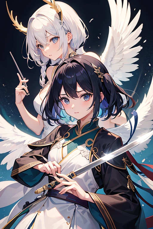 Light and Darkness、両手に短sword、Precisionに作られたwing［The right is light、Left is darkness］、bright、Battle Mode、View your viewers、woman、Horn、beautiful、Precision、high resolution、One person、大きなwing、wing、sword、双sword、beautiful青い目
