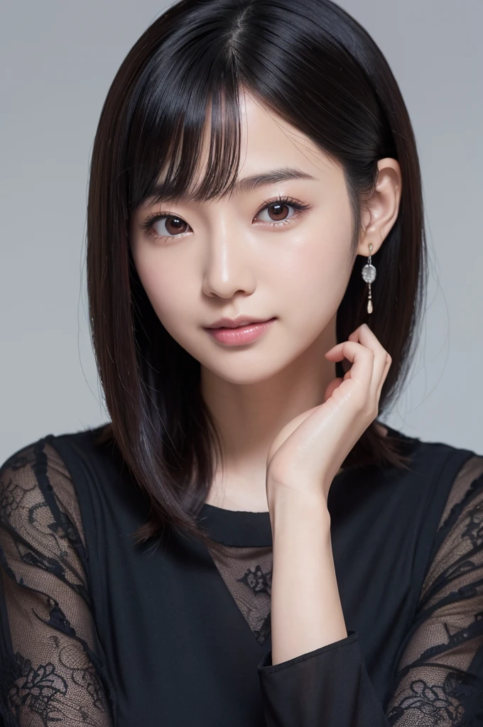 Japanese actress, early 30s, round face, delicate features, large expressive eyes, radiant smile, long straight black hair, slender figure, 160cm tall, wearing elegant black dress or white lace top, dangling earrings, natural makeup, soft lighting, studio portrait, high-quality photograph, gentle and approachable demeanor, hint of mature charm, versatile style ranging from cute to sophisticated, known for starring in Japanese TV dramas, Kasumi Arimura inspired