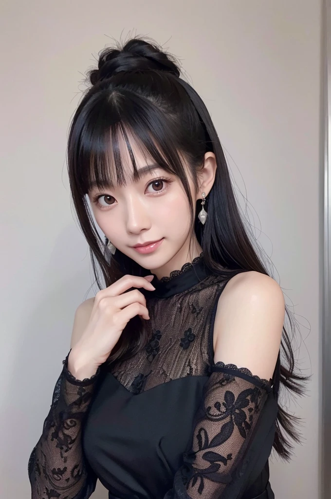 Japanese actress, early 30s, round face, delicate features, large expressive eyes, radiant smile, long straight black hair, slender figure, 160cm tall, wearing elegant black dress or white lace top, dangling earrings, natural makeup, soft lighting, studio portrait, high-quality photograph, gentle and approachable demeanor, hint of mature charm, versatile style ranging from cute to sophisticated, known for starring in Japanese TV dramas, Kasumi Arimura inspired