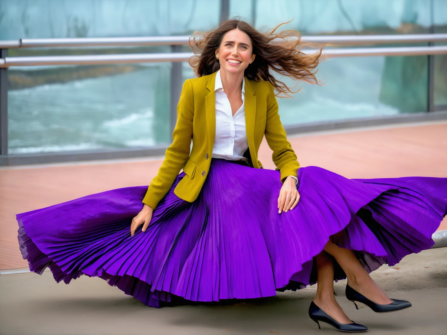 Insatiable Skirt lover and kind, shy woman Jacinda Ardern has Intense Orgasming love for her skirt, sitting and wearing (long pleated full circle skirt), uniform jacket and strapless low pump office shoes, (pronounced (feminine) features), (very windy), skirt is flowing wildly in the wind, inside a spaceship travelling through deep space, very, very intricate hyper-detailed symmetric (attractive graceful young feminine face) with (sad, tired eyes and a loving smile), very voluptuous breasts, full of empathy and compassion and love, (pronounced (feminine) features), (highly detailed ultra accurate realistic) hands and fingers, (windy), epic composition, highly detailed attributes, (35mm f1.4 Kodak portra 400 photograph), extremely high quality RAW photograph, highly detailed atmosphere, sci-fi, cinematic shot, dynamic lighting, 75mm, Technicolor, Panavision, cinemascope, sharp focus, fine details, 8k, HDR, realism, realistic, key visual, film still, superb cinematic color grading, depth of field