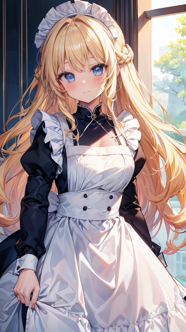 Very detailed、Highest quality、Best image quality、masterpiece、8K、Anime Face、A kind smile、Sparkling Blue Eyes、Long blonde curly hair、Heavy bangs、Wearing a maid&#39;s headband、(SFW Huge Body)、(((Rear View)))、Cowboy Shot、(Wearing a white T-back:1.5)、Muscles of the whole body,full body