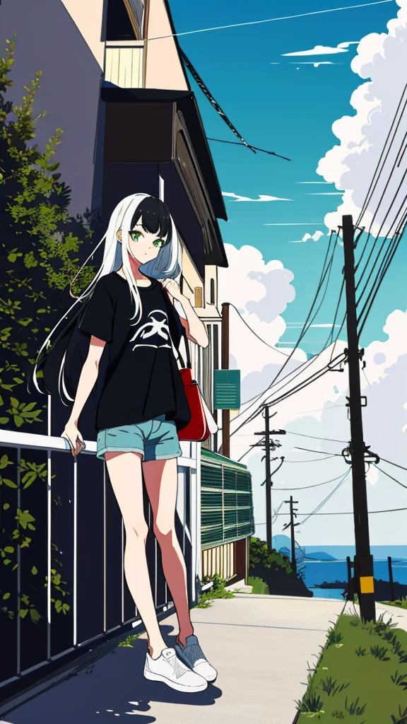 masterpiece, Exquisite detail,Highest quality, One girl, alone, handrail, cloud, 立ってNULLを見上げている,Long Hair, shoes, NULL, Long sleeve, sneakers, Power lines, White footwear, Black Hair, View your viewers, Electric pole, bangs, cloudy NULL, fish, bird, Green Eyes, Shorts, animal, Day, Black Shirt, barefoot