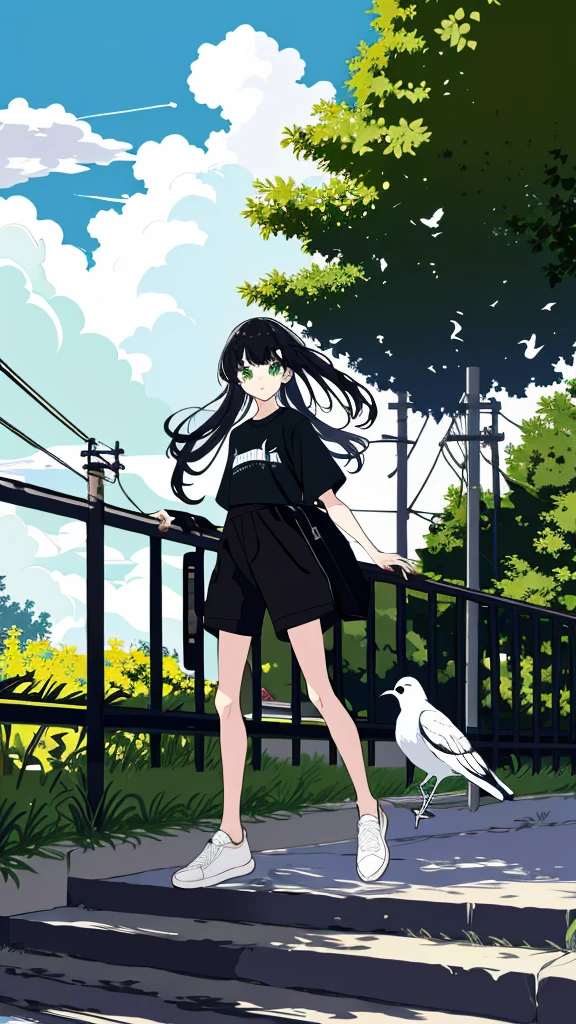 masterpiece, Exquisite detail,Highest quality, One girl, alone, handrail, cloud, 立ってNULLを見上げている,Long Hair, shoes, NULL, Long sleeve, sneakers, Power lines, White footwear, Black Hair, View your viewers, Electric pole, bangs, cloudy NULL, fish, bird, Green Eyes, Shorts, animal, Day, Black Shirt, barefoot