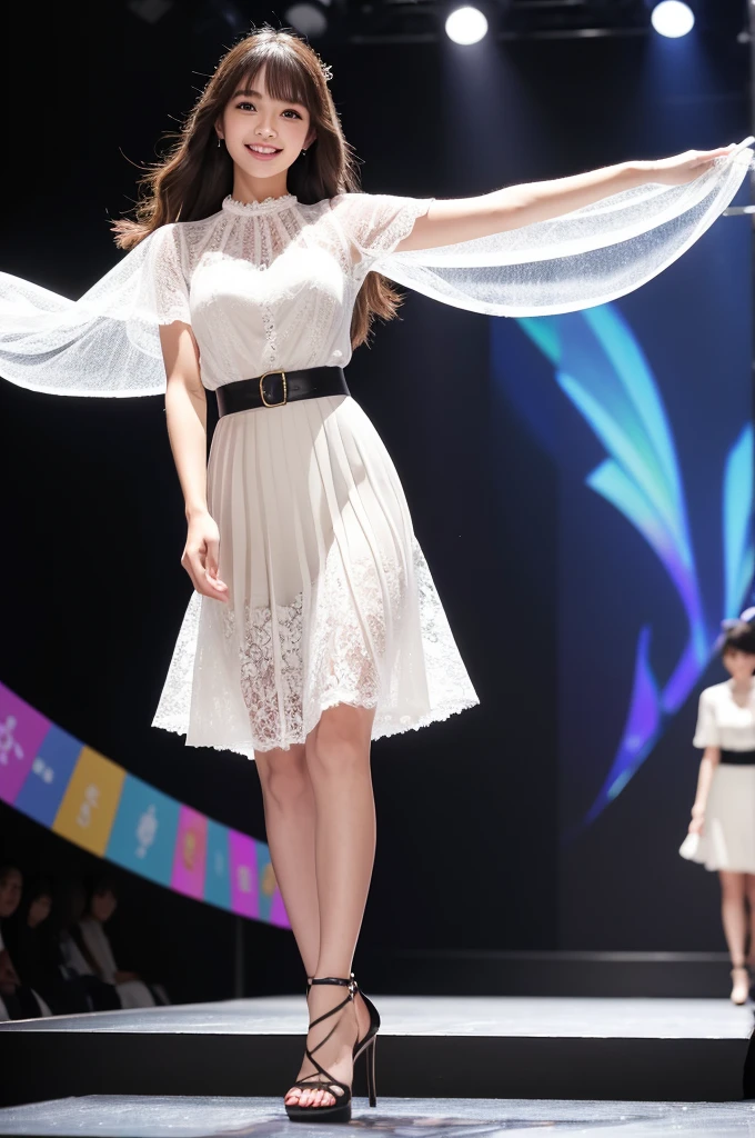 Amazingly large eyes、Smiling expression with white teeth visible、H cup bust、50cm waist、Slender and fair-skinned、Japan woman with long hair、20-year-old、Slim figure、Wearing a pleated skirt and a sheer lace blouse that flutters in the vivid breeze、Wearing high heels。On the runway at a fashion show、Her whole body was shown, from her high heels to her head, as she walked towards the viewer.、Bright, photo-quality images。

