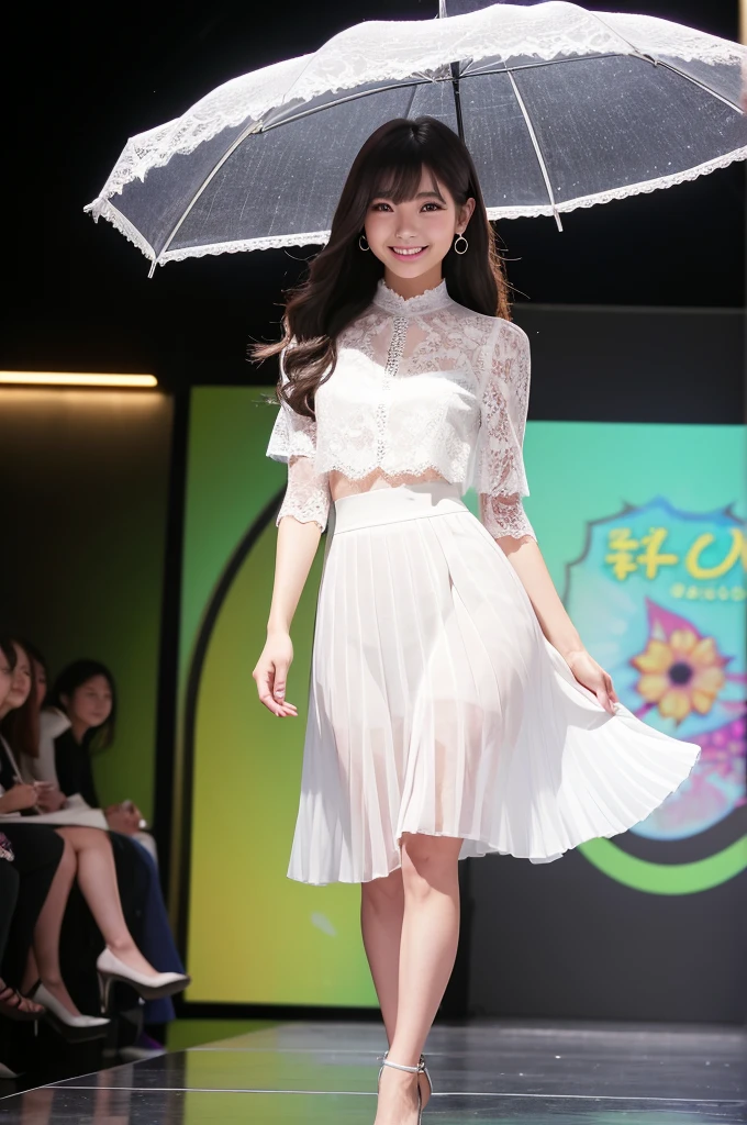 Amazingly large eyes、Smiling expression with white teeth visible、H cup bust、50cm waist、Slender and fair-skinned、Japan woman with long hair、20-year-old、Slim figure、Wearing a pleated skirt and a sheer lace blouse that flutters in the vivid breeze、Wearing high heels。On the runway at a fashion show、Her whole body was shown, from her high heels to her head, as she walked towards the viewer.、Bright, photo-quality images。
