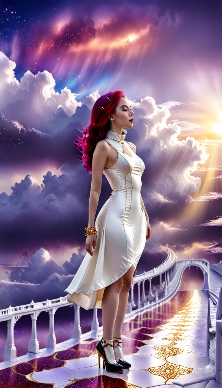 hdr, best image, 8k, photo 12;1, of A beautiful woman hdr photography, white latex dress, below the knee, long purple hair, 'black shoes', standing at 1; wide bridge of white ivory with GOLD, red tile floor, high, over the clouds, descending to the infinity of the universe, stars of the cosmos, universe, giant mountain, calm rain.