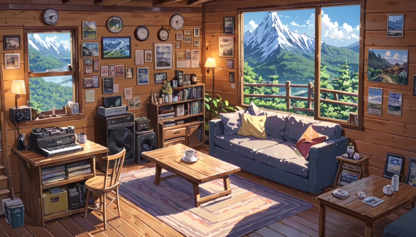 ((anime:1.4,illustration)),(masterpiece, top quality, best quality),(ultra-detailed, absolutely resolution),((16k, high res)), (((mountain cabin, record, sofa, coffee table, cafe))), ((anime:1.4,illustration)),(masterpiece, top quality, best quality),(ultra-detailed, absolutely resolution),((16k, high res)). BREAK {lofi art, style of Laurie Greasley, style of Makoto Shinkai, anime aesthetic}, BREAK { (produces images with information than 40 million pixels with cinematic-like detailed textures shot on a Sony SLR).}