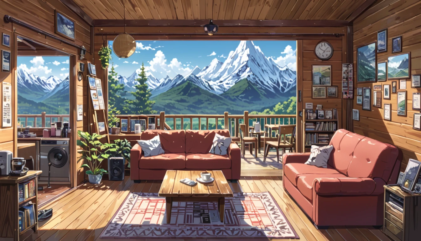 ((anime:1.4,illustration)),(masterpiece, top quality, best quality),(ultra-detailed, absolutely resolution),((16k, high res)), (((mountain cabin, record, sofa, coffee table, cafe))), ((anime:1.4,illustration)),(masterpiece, top quality, best quality),(ultra-detailed, absolutely resolution),((16k, high res)). BREAK {lofi art, style of Laurie Greasley, style of Makoto Shinkai, anime aesthetic}, BREAK { (produces images with information than 40 million pixels with cinematic-like detailed textures shot on a Sony SLR).}