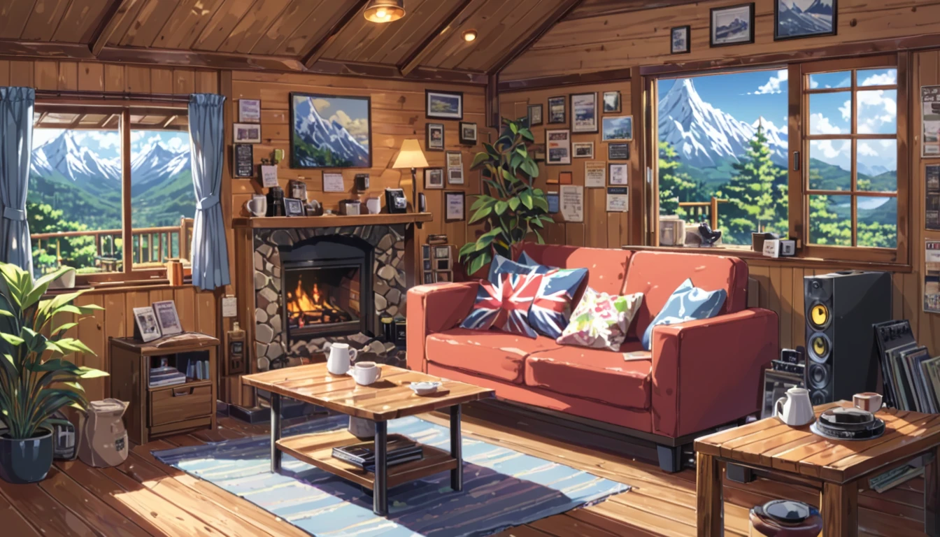 ((anime:1.4,illustration)),(masterpiece, top quality, best quality),(ultra-detailed, absolutely resolution),((16k, high res)), (((mountain cabin, record, sofa, coffee table, cafe))), ((anime:1.4,illustration)),(masterpiece, top quality, best quality),(ultra-detailed, absolutely resolution),((16k, high res)). BREAK {lofi art, style of Laurie Greasley, style of Makoto Shinkai, anime aesthetic}, BREAK { (produces images with information than 40 million pixels with cinematic-like detailed textures shot on a Sony SLR).}