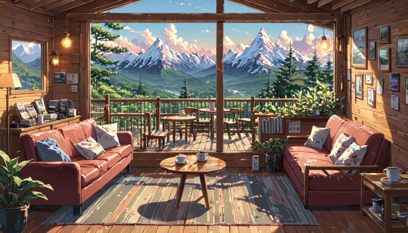 ((anime:1.4,illustration)),(masterpiece, top quality, best quality),(ultra-detailed, absolutely resolution),((16k, high res)), (((mountain cabin, record, sofa, coffee table, cafe))), ((anime:1.4,illustration)),(masterpiece, top quality, best quality),(ultra-detailed, absolutely resolution),((16k, high res)). BREAK {lofi art, style of Laurie Greasley, style of Makoto Shinkai, anime aesthetic}, BREAK { (produces images with information than 40 million pixels with cinematic-like detailed textures shot on a Sony SLR).}