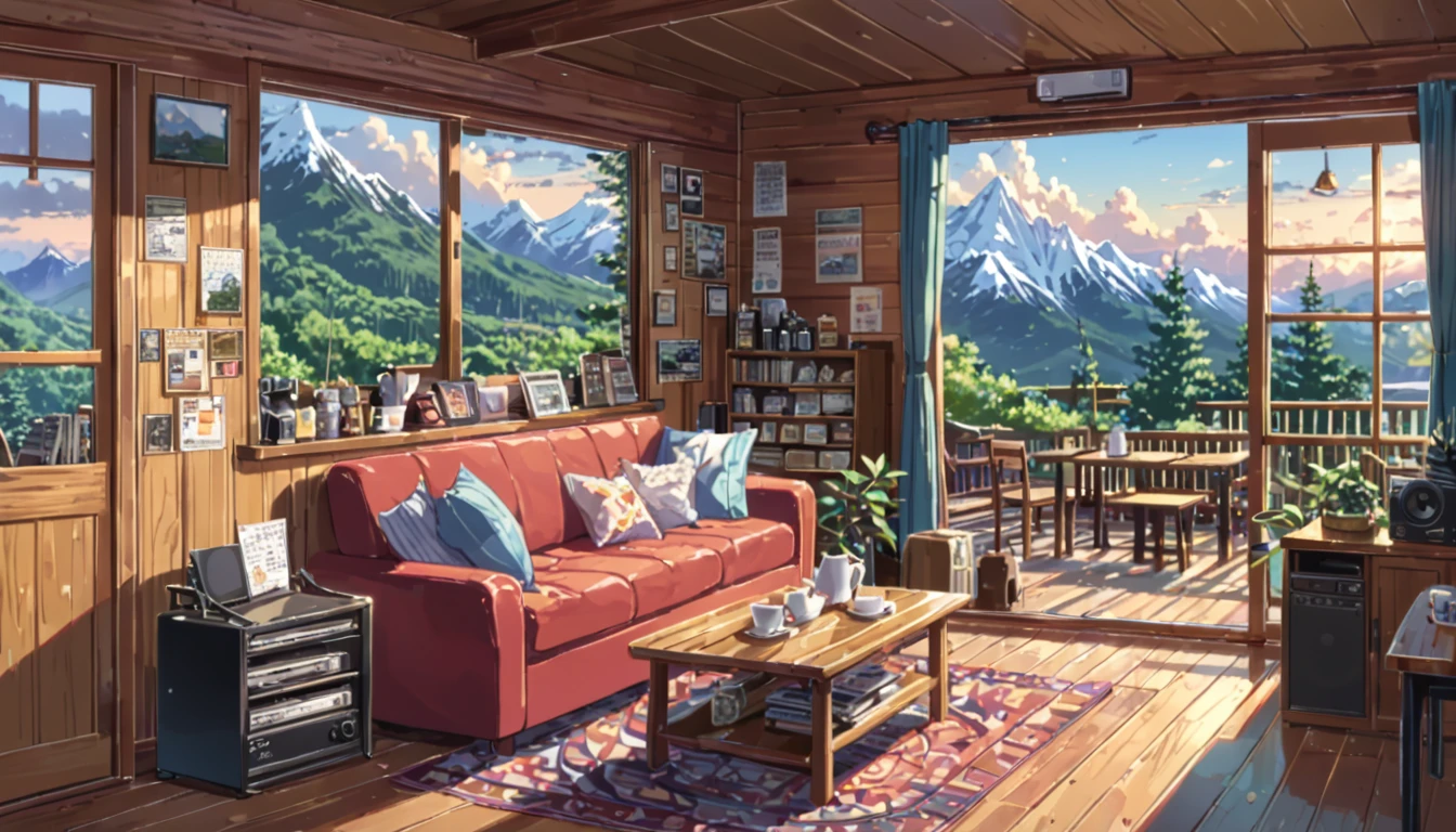 ((anime:1.4,illustration)),(masterpiece, top quality, best quality),(ultra-detailed, absolutely resolution),((16k, high res)), (((mountain cabin, record, sofa, coffee table, cafe))), ((anime:1.4,illustration)),(masterpiece, top quality, best quality),(ultra-detailed, absolutely resolution),((16k, high res)). BREAK {lofi art, style of Laurie Greasley, style of Makoto Shinkai, anime aesthetic}, BREAK { (produces images with information than 40 million pixels with cinematic-like detailed textures shot on a Sony SLR).}