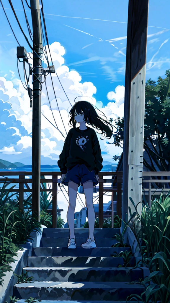 masterpiece, Exquisite detail,Highest quality, One girl, alone, handrail, cloud, 立ってNULLを見上げている,Long Hair, shoes, NULL, Long sleeve, sneakers, Power lines, White footwear, Black Hair, View your viewers, Electric pole, bangs, cloudy NULL, fish, bird, Green Eyes, Shorts, animal, Day, Black Shirt, barefoot