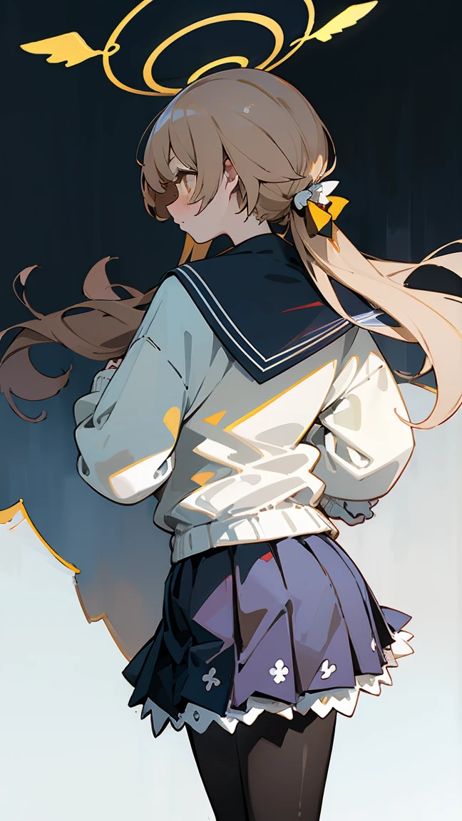 ((masterpiece,best quality)), (illustration), solo, hifumi (blue archive), halo, black pantyhose, long straight hair, school uniform, yellow eyes, sailor collar, pleated blue skirt, white cardigan, long sleeves, blush, frilled skirt, back