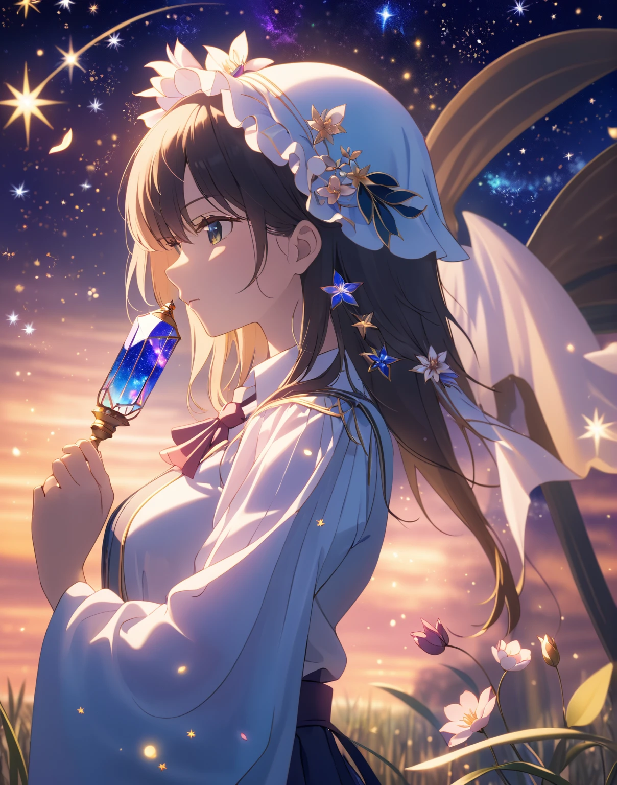 超detailedなイラスト:1.2),Very delicate and beautiful,非常にdetailed,CG,Unity,8k wallpaper,wonderful,detailed,masterpiece,The best quality in the best condition,Official Art,非常にdetailed CG 8k Unbelievably ridiculous resolution,Beautiful and exquisite,High resolution,非常にdetailedな目と顔,1 Girl, Crafting, Starry Sky. sf. grassland. petal.
White shirt, skirt, Wind.
超detailed, Highest quality.