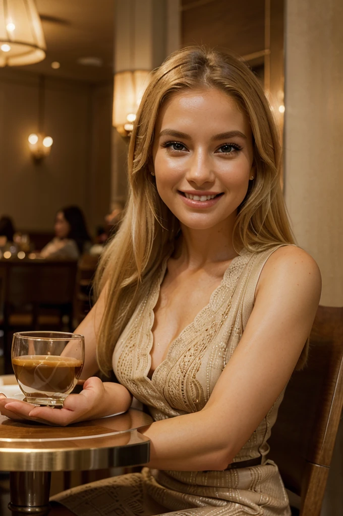 a beautiful blonde woman drinking coffee in a chic restaurant, 1girl, elegant dress, smiling, sitting at a table, indoor restaurant setting, natural lighting, high quality, hyper realistic, cinematic, 8k, photorealistic, intricate details, warm color tones, clean composition, shallow depth of field, soft shadows, natural skin tones, beautiful hair, glowing skin, fine details