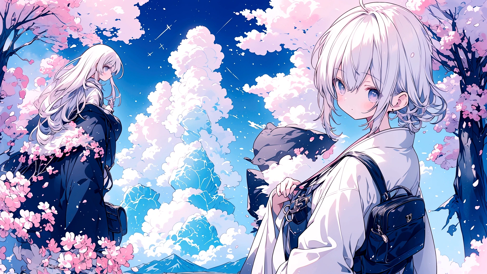 An anime-style image of a young woman journeying through a vast, mysterious world. She is shown walking with a determined expression, carrying a bag and looking out at the endless roads ahead. The background includes diverse landscapes such as mountains, forests, and open skies, depicted with soft, pastel colors to create a dreamy and adventurous mood. The scene captures the essence of adventure, hope, and the excitement of new discoveries. The image should be in a 16:9 aspect ratio.A vast world