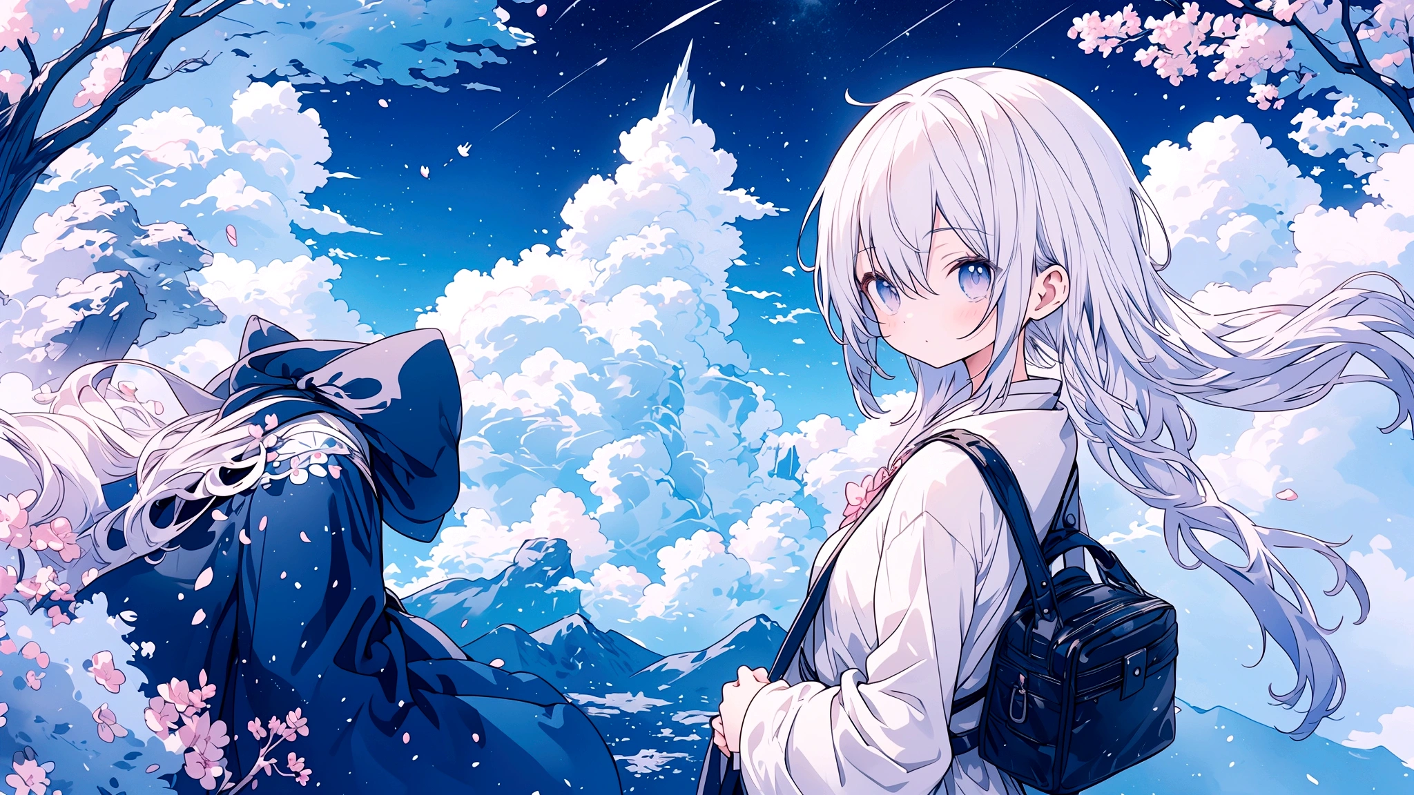 An anime-style image of a young woman journeying through a vast, mysterious world. She is shown walking with a determined expression, carrying a bag and looking out at the endless roads ahead. The background includes diverse landscapes such as mountains, forests, and open skies, depicted with soft, pastel colors to create a dreamy and adventurous mood. The scene captures the essence of adventure, hope, and the excitement of new discoveries. The image should be in a 16:9 aspect ratio.A vast world
