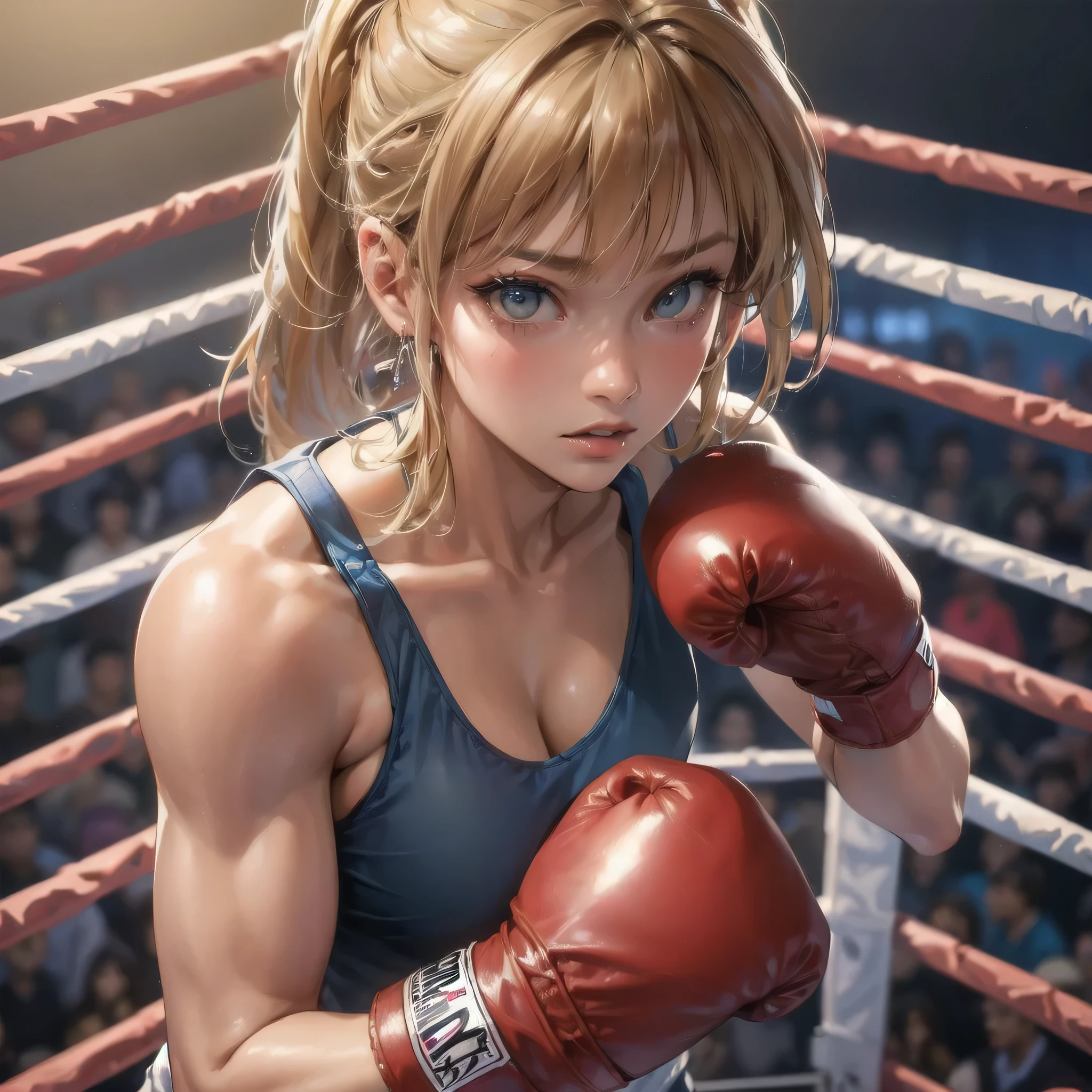  masterpiece, (textured skin), best quality, gorgeous beautiful girl, (a female boxing athlete), detailed clothes,large breasts,narrow waist,, (beautiful face), cinematic lighting, (at boxing venue ),