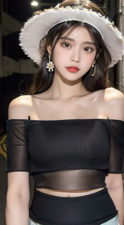 ((best quality, 8K, masterpiece: 1.3)), (Flower Hat: 1.3), Key Points: 1.2, Perfect body beauty: 1.4, Hips: 1.2, (Layered Hairstyle: 1.2)), (Dark Street: 1.3), Highly detailed face and skin textures, whole body, Exquisite eyes, Double eyelids, Skin Whitening, Long hair, (Round Face: 1.5), (Loose cropped top, shorts: 1.6)