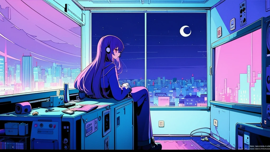 (from behind), Anime girl sitting in front of a computer in a cozy bedroom, Girl listening to music while studying in a cozy room (night), Using headphones, on the roof, (beautiful night views from windows), lots of things, 2D anime style, The aesthetics of anime in the 90s, lo-fi, long hair, very detailed, Hard disk, A mix of anime style and Fujifilm, surreal, 8K, masterpiece, violet eyes,black gloves, round glasses, long sleeves,violet hair, round glasses, Flat Chest, smile
