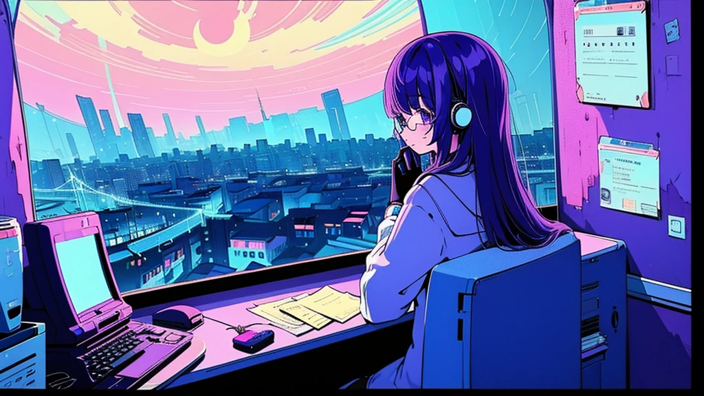 (from behind), Anime girl sitting in front of a computer in a cozy bedroom, Girl listening to music while studying in a cozy room (night), Using headphones, on the roof, (beautiful night views from windows), lots of things, 2D anime style, The aesthetics of anime in the 90s, lo-fi, long hair, very detailed, Hard disk, A mix of anime style and Fujifilm, surreal, 8K, masterpiece, violet eyes,black gloves, round glasses, long sleeves,violet hair, round glasses, Flat Chest, smile