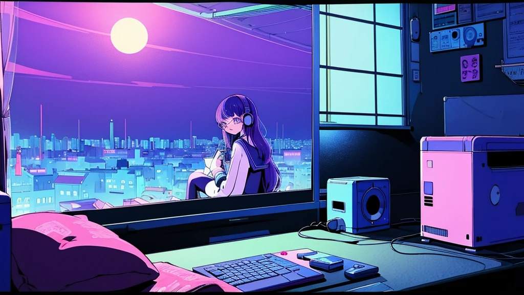 (from behind), Anime girl sitting in front of a computer in a cozy bedroom, Girl listening to music while studying in a cozy room (night), Using headphones, on the roof, (beautiful night views from windows), lots of things, 2D anime style, The aesthetics of anime in the 90s, lo-fi,  long hair, very detailed, Hard disk, A mix of anime style and Fujifilm, surreal, 8K, masterpiece, violet eyes,black gloves, round glasses, long sleeves,violet hair, round glasses, Flat Chest, smile