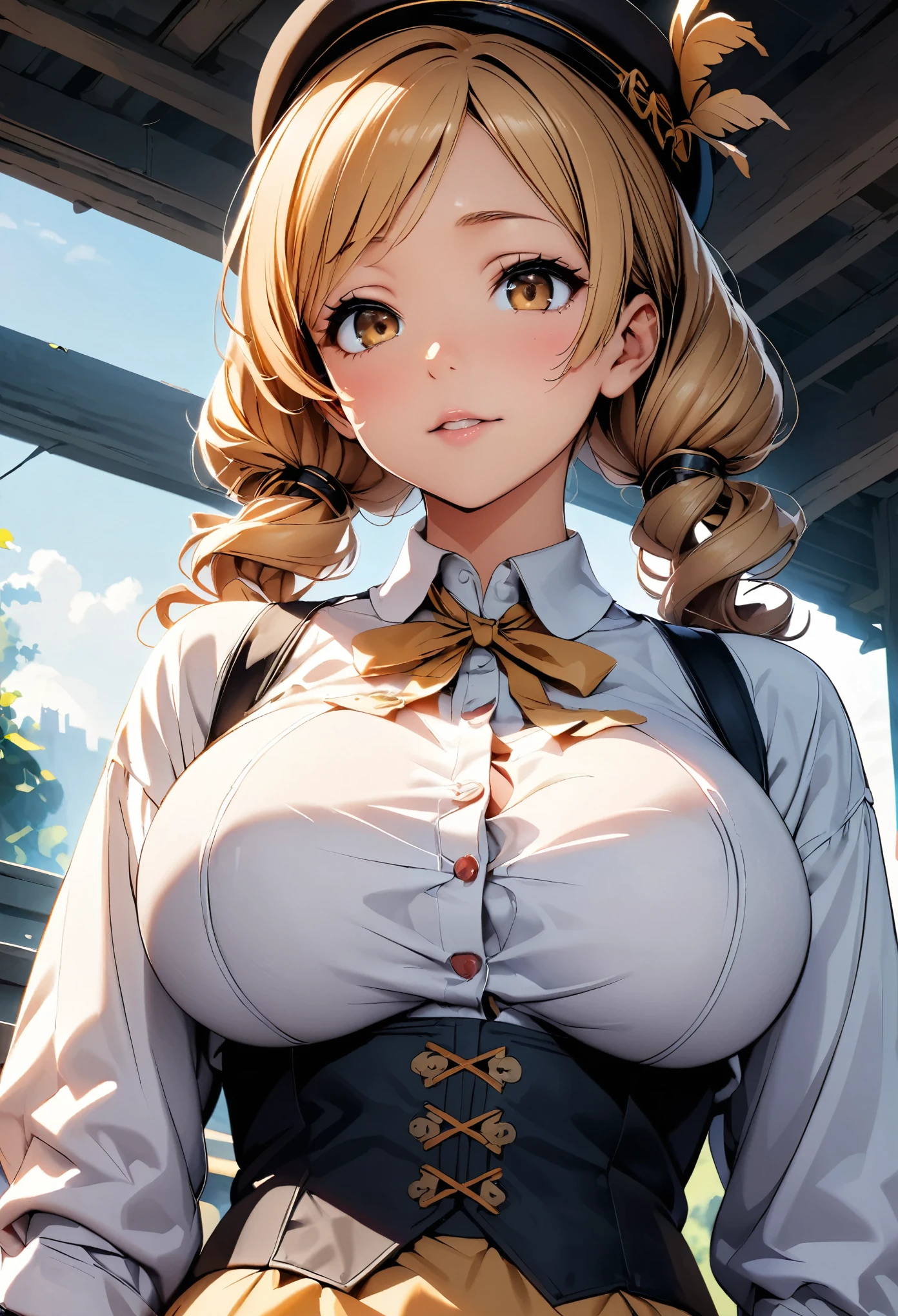 (Highest quality:1.24, Very detailed, Delicate and beautiful CG art, Detailed illustrations, High detail, masterpiece:1.2, Highest quality, Best aesthetics), (((1 Girl))), (Tomoe Mami, White shirt, corset, hat, Big Breasts, Droopy eyes:1.4, Twin Drill), Shiny Hair, Beautiful Skin, Detailed face and eyes, Glossy Lips, Light and shadow with attention to detail, Background Blur.