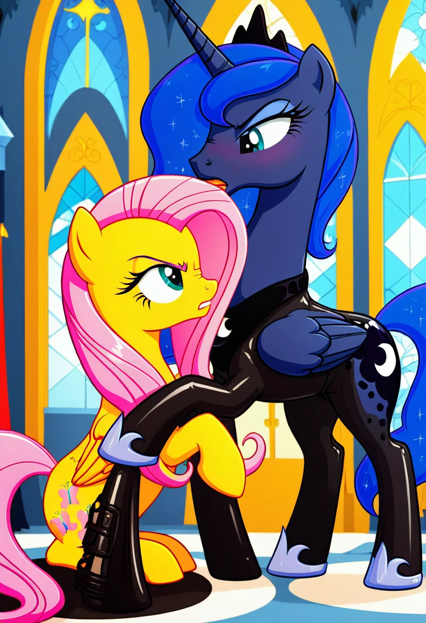 Pony Prince Luna angry Black LaTeX costiumme in the castle Black. Kiss fluttershy