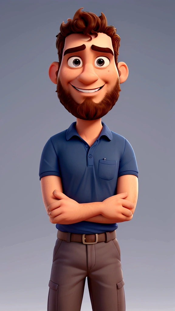 Create a 3D Disney Pixar style image of a 30 year old man, with beard and short curly hair, lightly shaved. He has his arms crossed, wearing a dark blue polo t-shirt. Your face has soft and striking details, with a fixed and defiant look. The position is confident, with a convinced smile on his lips.