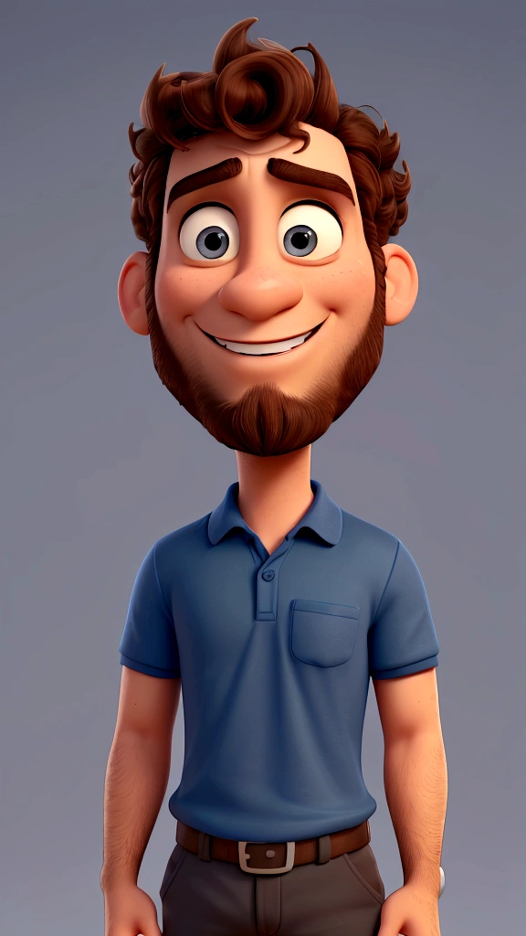 Create a 3D Disney Pixar style image of a 30 year old man, with beard and short curly hair, lightly shaved. He has his arms crossed, wearing a dark blue polo t-shirt. Your face has soft and striking details, with a fixed and defiant look. The position is confident, with a convinced smile on his lips.