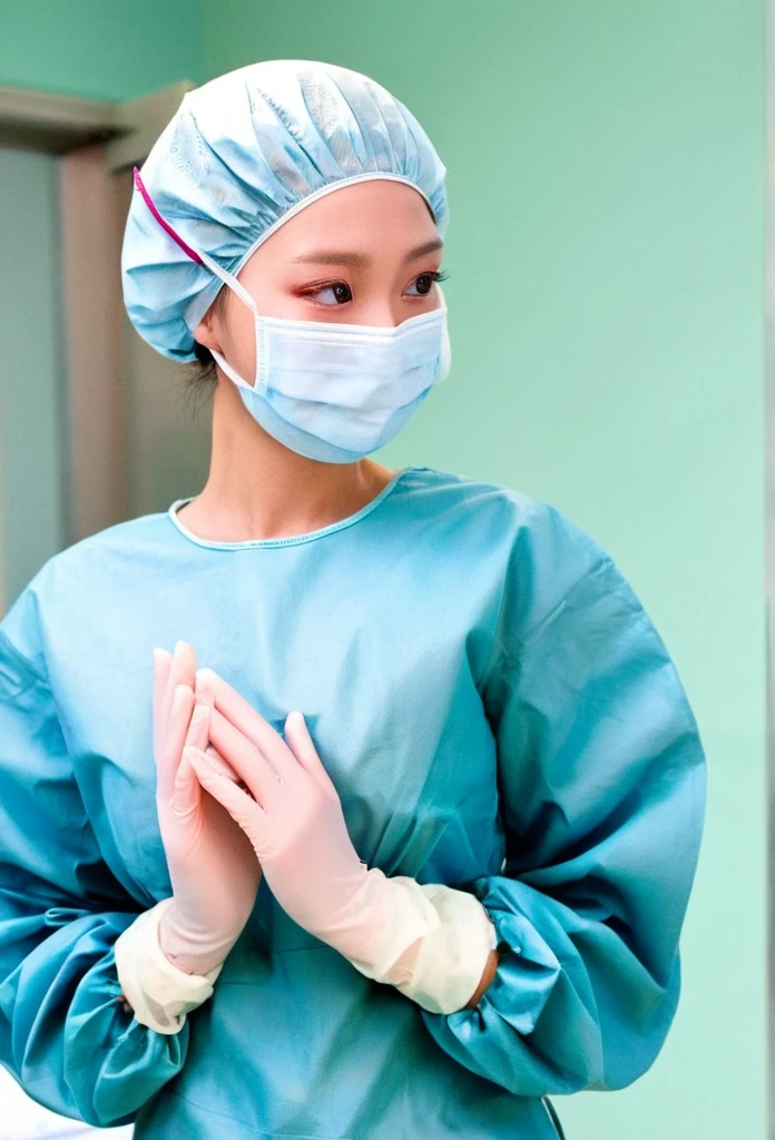 ((masterpiece, best quality, high quality)),1girl, shy eyes, cover the ears, big breasts, (hospital), infirmary, (surgical_uniform, long sleeves, long dress, latex gloves, surgical mask,surgical cap),