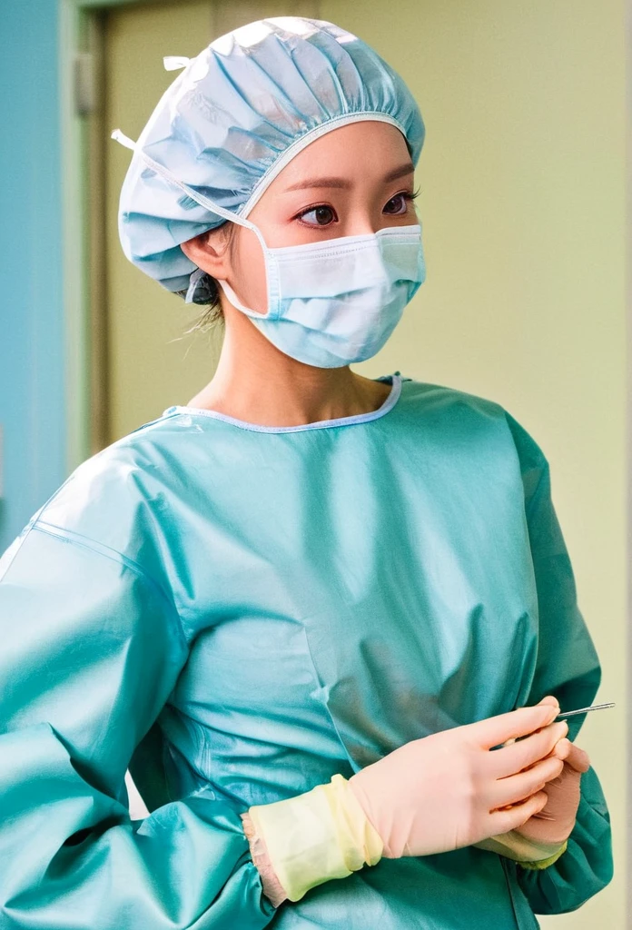 ((masterpiece, best quality, high quality)),1girl, shy eyes, cover the ears, big breasts, (hospital), infirmary, (surgical_uniform, long sleeves, long dress, latex gloves, surgical mask,surgical cap),