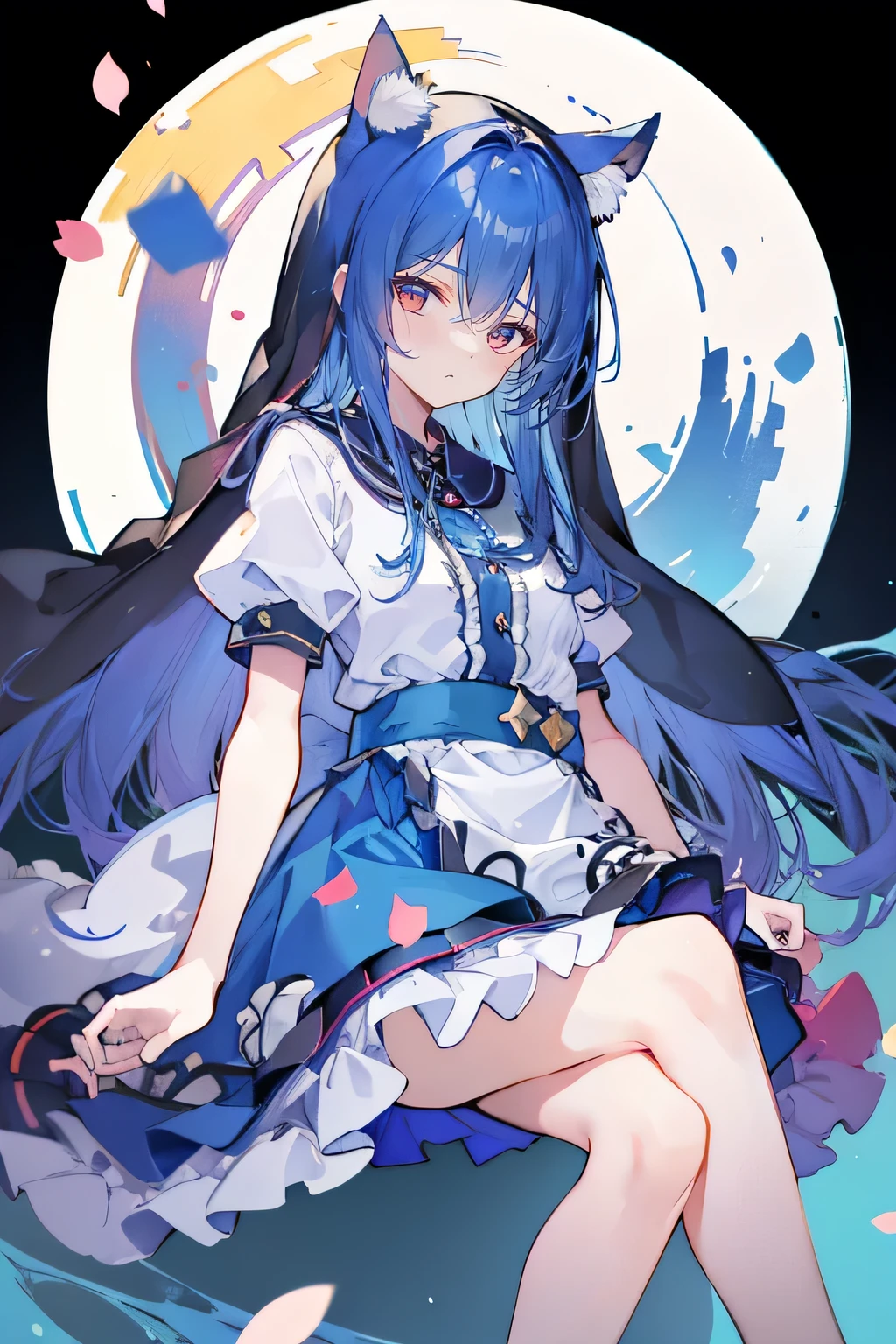 (masterpiece:1.2),Extremely detailed,Practical,expressive eyes,Fair skin,Perfect face shaping,1 Girl,
Japanese cartoons,Gorgeous blue hair, the long flowing blue hair,Floating clothes,Cat ears,Petals fall,beautiful lola,Angel,
Place your hands on your waist,sit elegantly on the ground,Cross your legs,Gentle and peaceful background,stately church,nun。