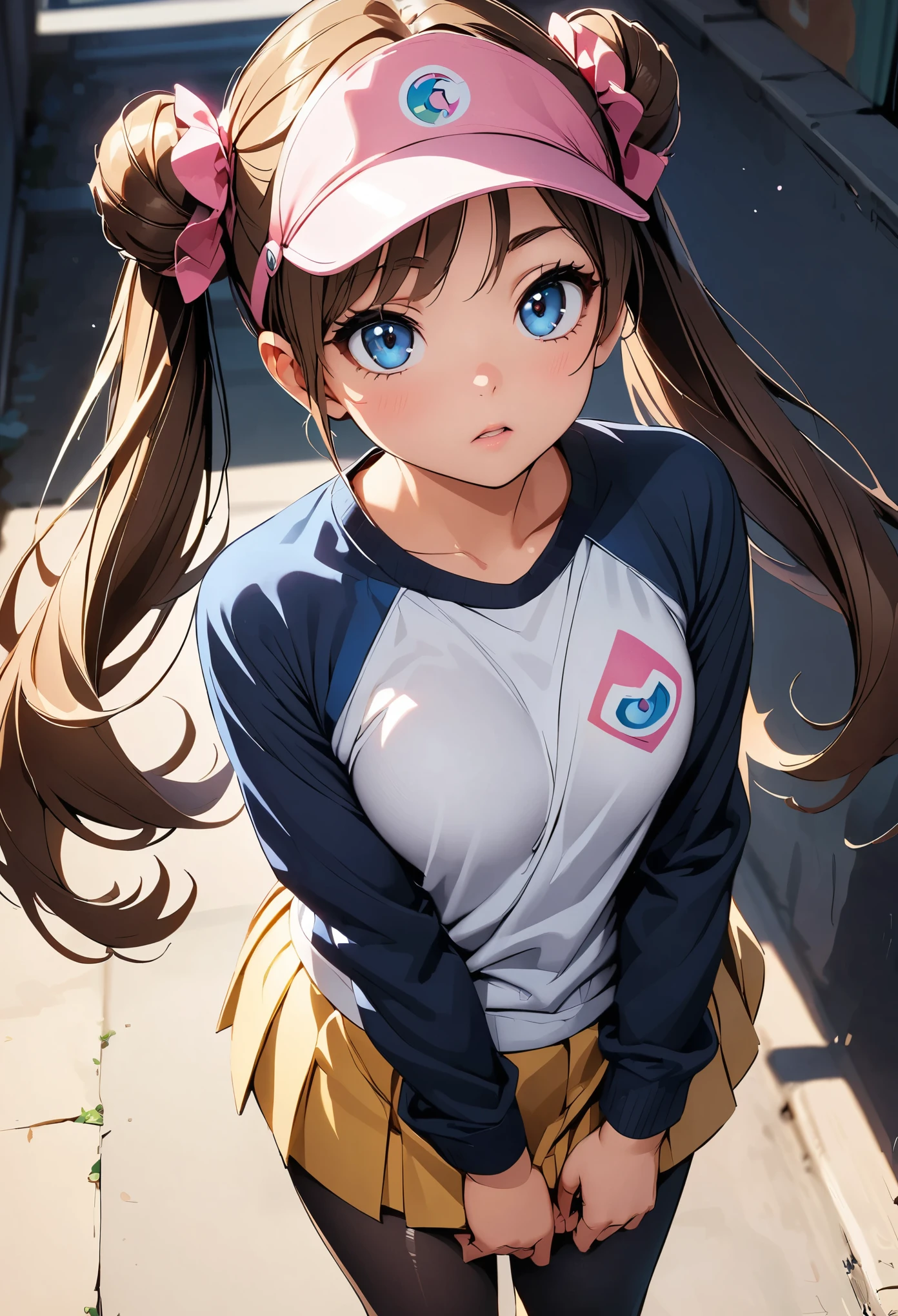 (Highest quality:1.24, Very detailed, Anime Style, Detailed illustrations, High detail, masterpiece:1.2, Highest quality, Best aesthetics), (((1 Girl))), (Pink (pokemon), {{pokemon}}, 14 years old, brown hair, long hair, twintails, double bun, pink
visor cap, (yellow skirt, short skirt), (white shirt:1.1), (raglan sleeves:1.2, long sleeves), blue sleeves, black leg tights), Shiny Hair, Beautiful Skin, Detailed face and eyes, Glossy Lips, Light and shadow with attention to detail, Background Blur.