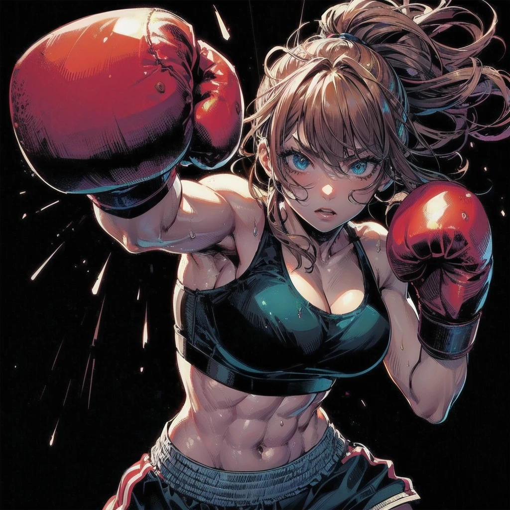 masterpiece, (textured skin), best quality, gorgeous beautiful girl, (a female boxing athlete), detailed clothes,large breasts,narrow waist,, (beautiful face), cinematic lighting, (at boxing venue ),
