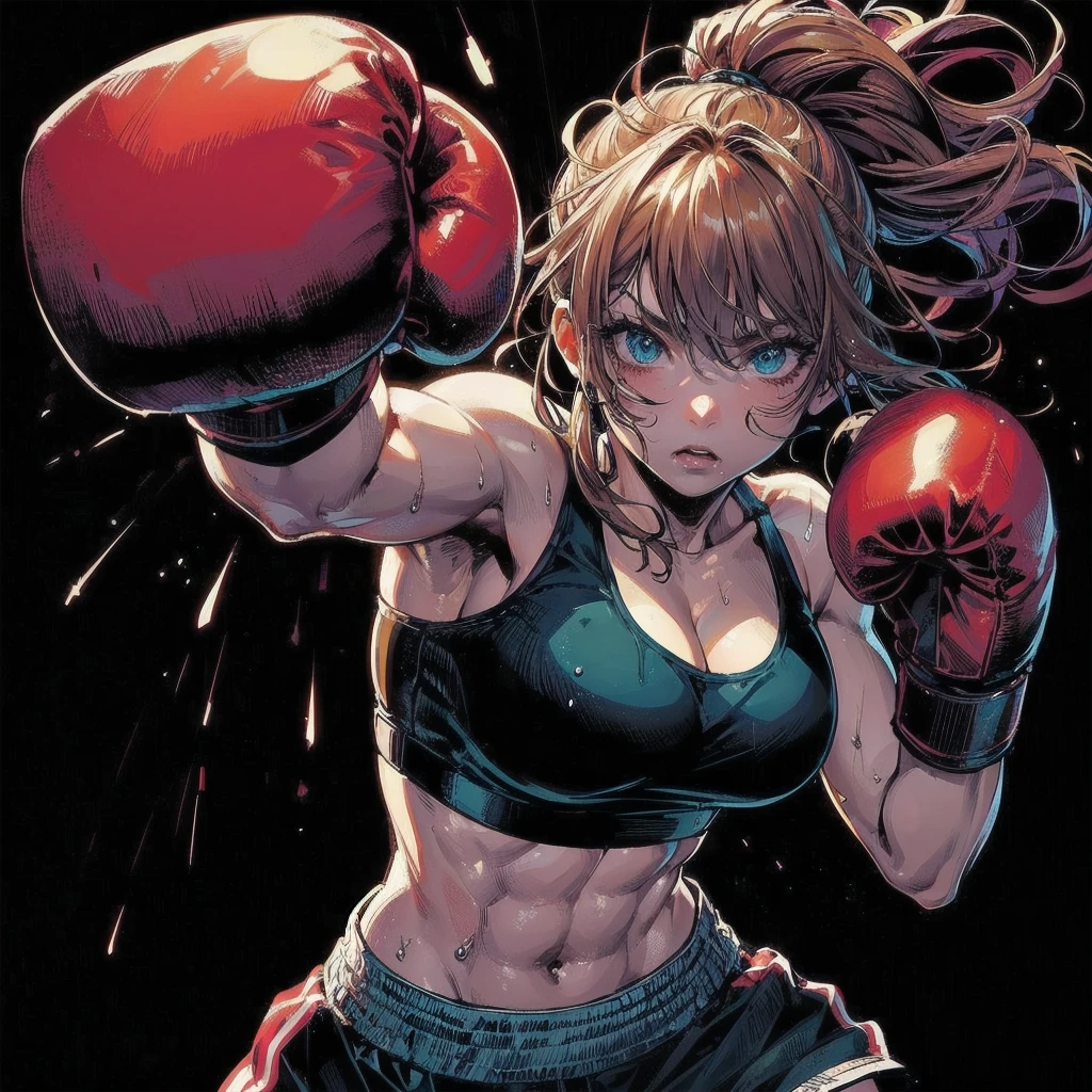 masterpiece, (textured skin), best quality, gorgeous beautiful girl, (a female boxing athlete), detailed clothes,large breasts,narrow waist,, (beautiful face), cinematic lighting, (at boxing venue ),