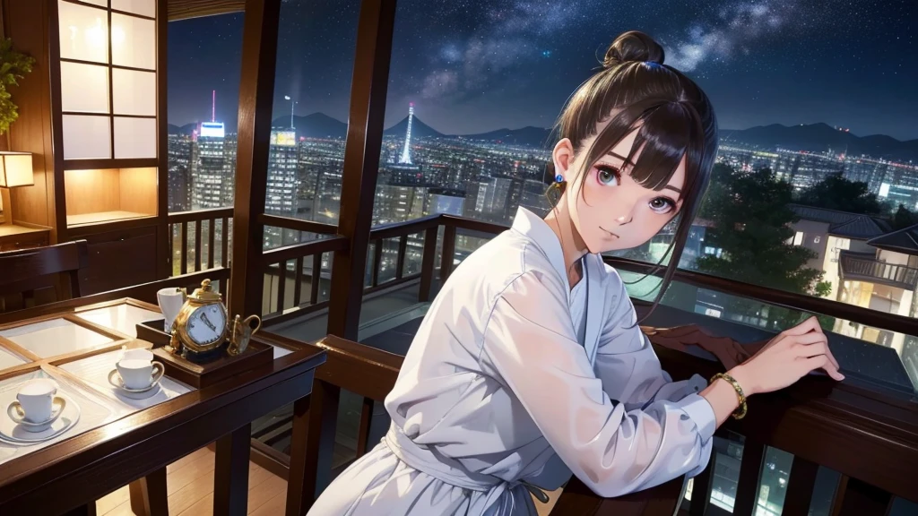 (Very detailed,High resolution,masterpiece:1.2)Night view from the balcony or terrace of a high-rise apartment building in Japan, Starry Sky、milky way、Tanabata bamboo decorations: Focus on women in their 20s to 40s with calm expressions. Light brown hair. She is wearing a jacket over a long-sleeved top.、Earring Accessories, bracelet, clock. .(Highest quality:1.2), Very detailed, High resolution, Tabletop:1,2, Vibrant colors, Bokeh, Professional Lighting, Physically Based Rendering, Flat Color:0.8, Fine 図, Realistic:1.37, Shinkai Makoto style, Your name style,long hair 、 Elegant update,ponytail,Hair Bun。。(masterpiece: 1,2)、(masterpiece: 1,2)、High resolution、超High resolution、Highest quality、High resolution、