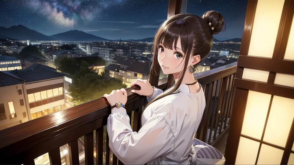 (Very detailed,High resolution,masterpiece:1.2)Night view from the balcony or terrace of a high-rise apartment building in Japan, Starry Sky、milky way、Tanabata bamboo decorations: Focus on women in their 20s to 40s with calm expressions. Light brown hair. She is wearing a jacket over a long-sleeved top.、Earring Accessories, bracelet, clock. .(Highest quality:1.2), Very detailed, High resolution, Tabletop:1,2, Vibrant colors, Bokeh, Professional Lighting, Physically Based Rendering, Flat Color:0.8, Fine 図, Realistic:1.37, Shinkai Makoto style, Your name style,long hair 、 Elegant update,ponytail,Hair Bun。。(masterpiece: 1,2)、(masterpiece: 1,2)、High resolution、超High resolution、Highest quality、High resolution、