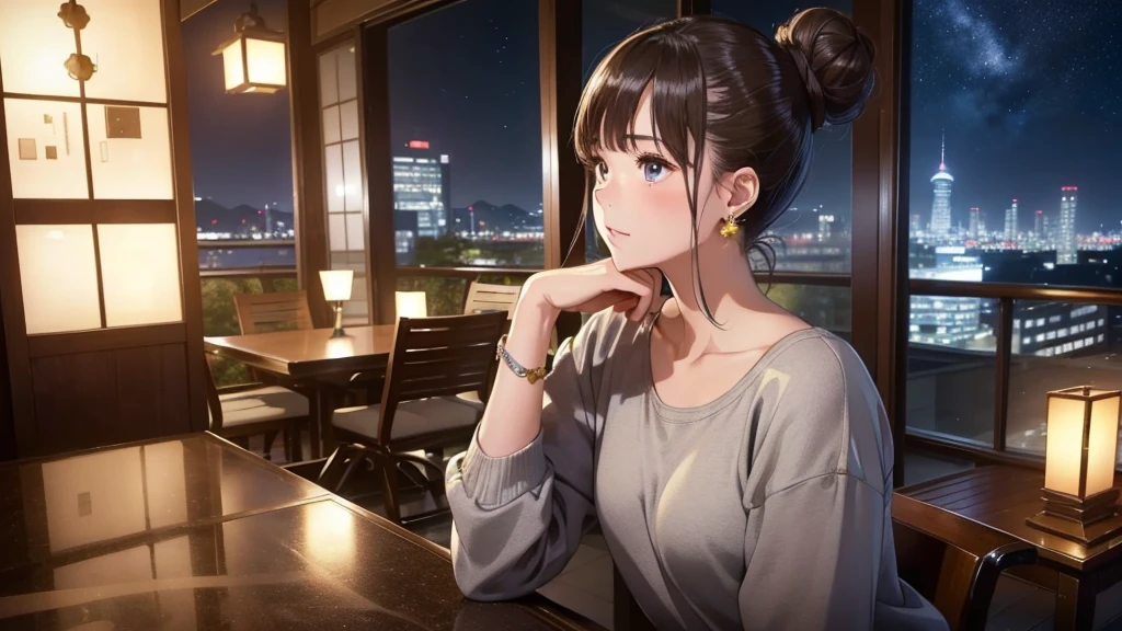 (Very detailed,High resolution,masterpiece:1.2）Night view from the balcony or terrace of a high-rise apartment building in Japan, Starry Sky、milky way、Tanabata bamboo decorations: Focus on women in their 20s to 40s with calm expressions. Light brown hair. She is wearing a jacket over a long-sleeved top.、Earring Accessories, bracelet, clock. .(Highest quality:1.2), Very detailed, High resolution, Tabletop:1,2, Vibrant colors, Bokeh, Professional Lighting, Physically Based Rendering, Flat Color:0.8, Fine 図, Realistic:1.37, Shinkai Makoto style, Your name style,long hair 、 Elegant update,ponytail,Hair Bun。。(masterpiece: 1,2)、(masterpiece: 1,2)、High resolution、超High resolution、Highest quality、High resolution、