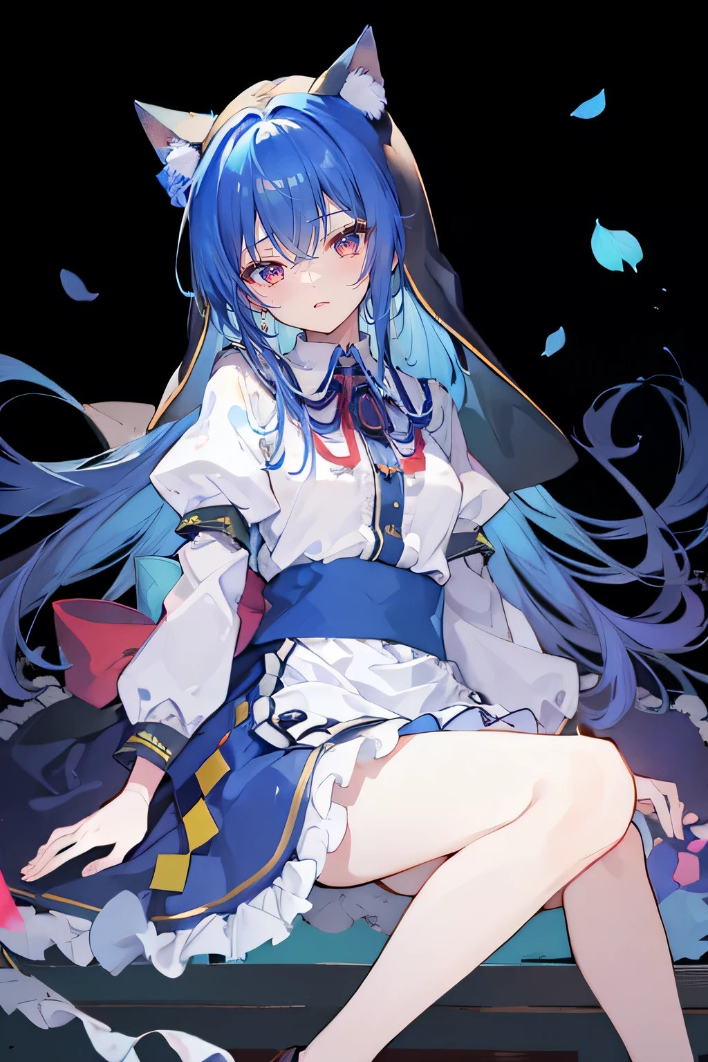 (masterpiece:1.2),Extremely detailed,Practical,expressive eyes,Fair skin,Perfect face shaping,1 Girl,
Japanese cartoons,Gorgeous blue hair, the long flowing blue hair,Floating clothes,Cat ears,Petals fall,beautiful lola,Angel,
Place your hands on your waist,sit elegantly on the ground,Cross your legs,Gentle and peaceful background,stately church,nun。