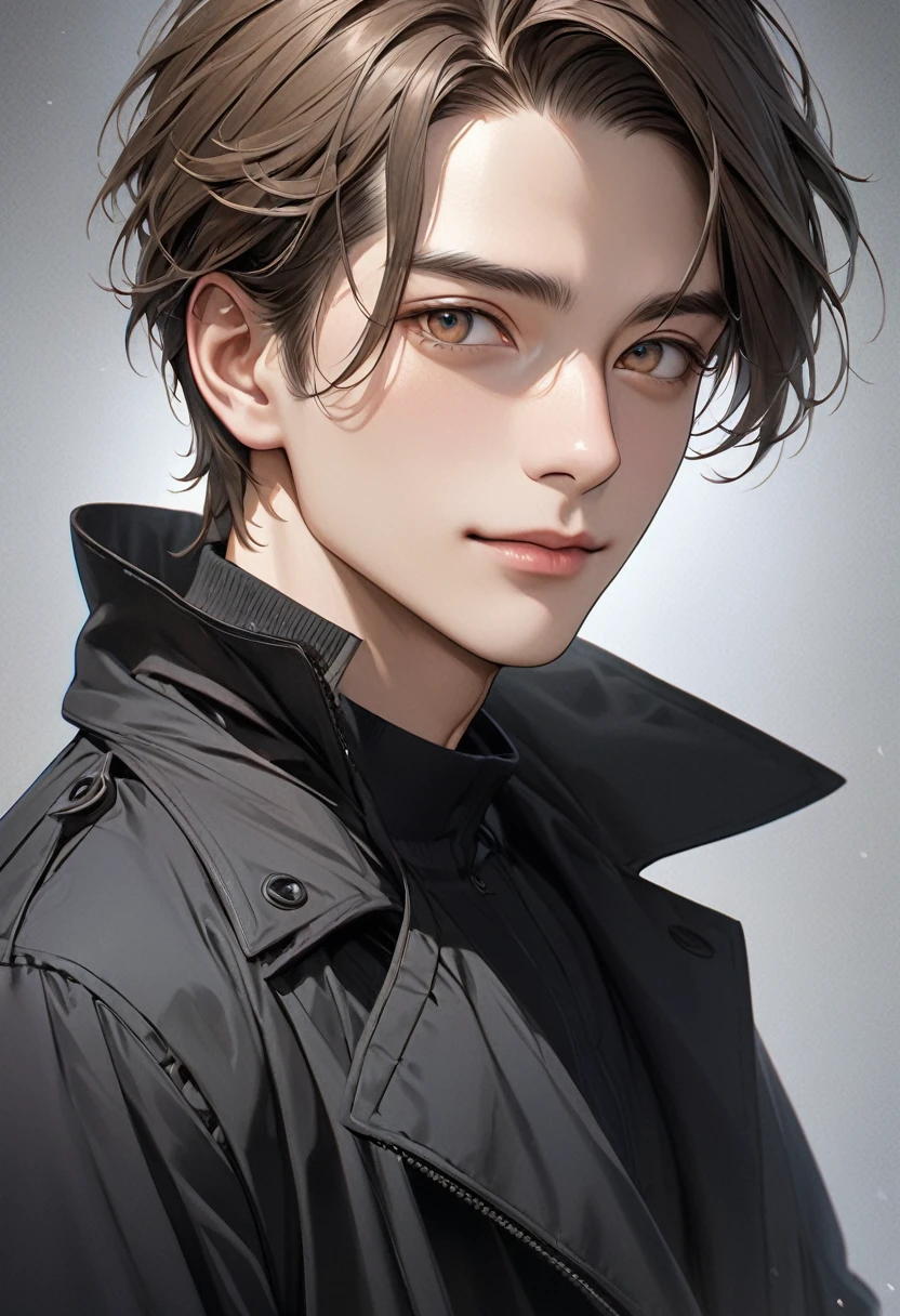 Handsome mature young boy dynamic full body photo, Close-up of a brown-haired man wearing a black trench coat( Perfect anatomical structure ) Close-up of the side of the face. Delicate face. Realistic eyes.
Very detailed face and eyes. Delicate skin.、Delicate skin texture smile, Black windbreaker shadow background, Black Soft Light, Professional Master Photographer'artwork, texture, complicated, Clear,
High-quality masterpiece,Extremely complicated and exquisitely detailed, Very detailed, Very detailed digital art