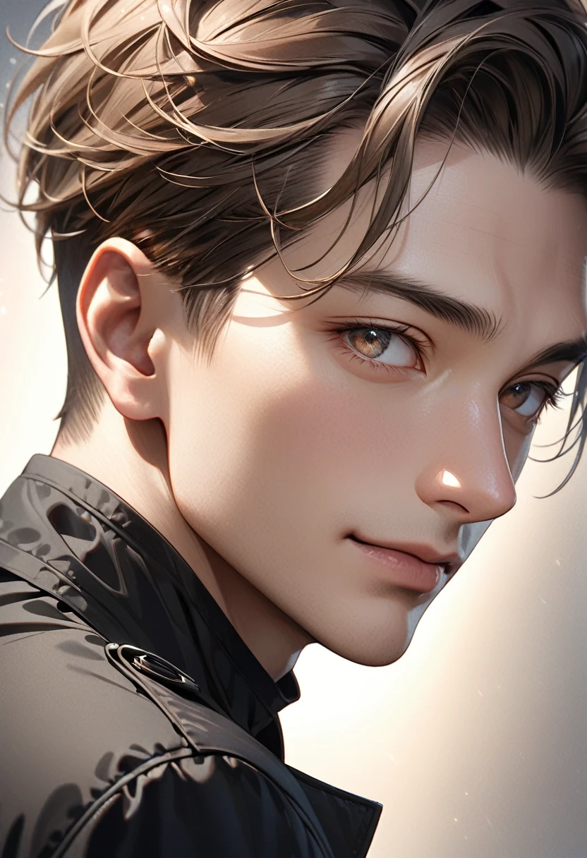 Handsome mature young boy dynamic full body photo, Close-up of a brown-haired man wearing a black trench coat( Perfect anatomical structure ) Close-up of the side of the face. Delicate face. Realistic eyes.
Very detailed face and eyes. Delicate skin.、Delicate skin texture smile, Black windbreaker shadow background, Black Soft Light, Professional Master Photographer'artwork, texture, complicated, Clear,
High-quality masterpiece,Extremely complicated and exquisitely detailed, Very detailed, Very detailed digital art
