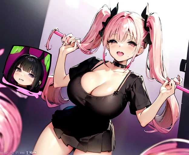 pink twintails, extremely happy, cheerful, pink eyes, wearing plain black shirt, pink skirt, looking at viewer, no hat, holding orange glowsticks in hands, no underwear, large breasts showing
