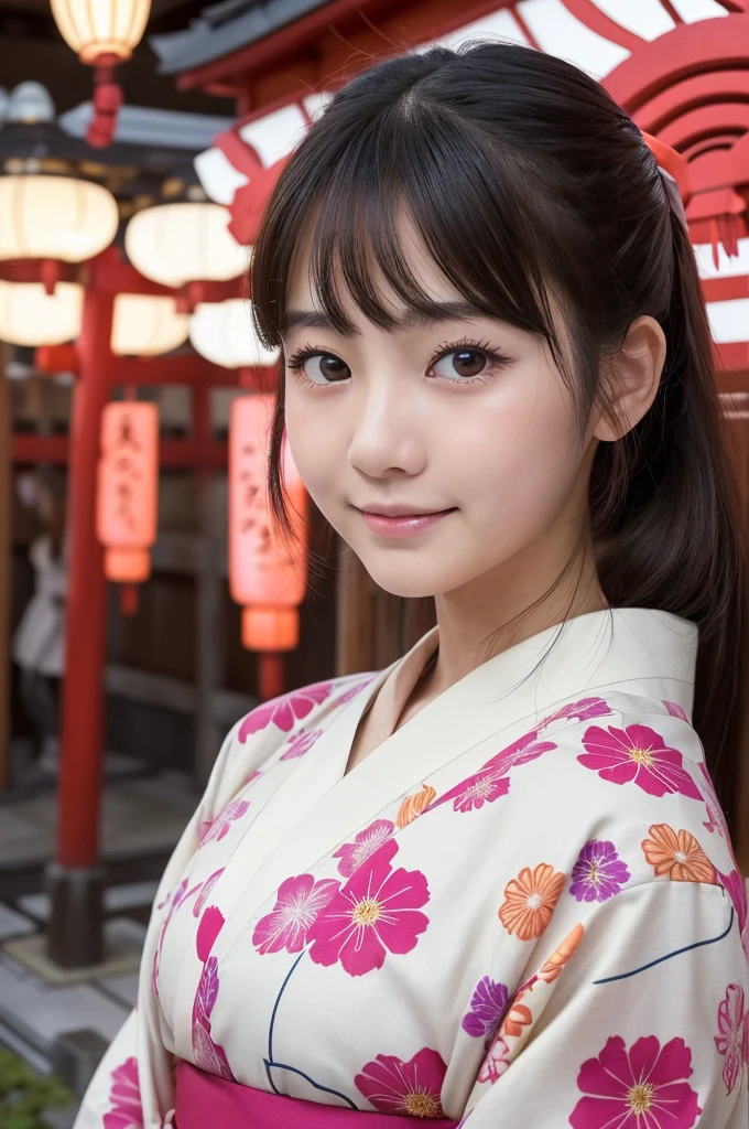 (1 Girl )、(Beautiful Japanese、18years old,round face、Refreshing、clear、seems kind、stylish、Pitiful、cute like an angel、cute、black eyes、(Single eyelid:1.3)、Beautiful skin), {(Japan human face:1.5),(General facial features)} , (((Beautiful breasts:0.4))),(((soft breasts))),(very cute),(Hair tied up),(enchanting eyes),(highlight on eyes:1.2)、(8K、Live shooting、highest quality、masterpiece:1.2、optimal lighting)、((masterpiece)),(Photo taken by a professional photographer),(real、photo real:1.4),BREAK,{(Japanese Yukata),(kimono),(Cute pattern of pink flowers on a white background)},(cheeks are red:1.3), BREAK, BREAK,Face shot:1.3、 face close-up,Looking at fire works,Embarrassed face、Happy face,smile、Shy、buzzer、(((1970s vibe)))、night,fire works,profile、,Lantern、night:1.5,shrine,night空にきれいな花火