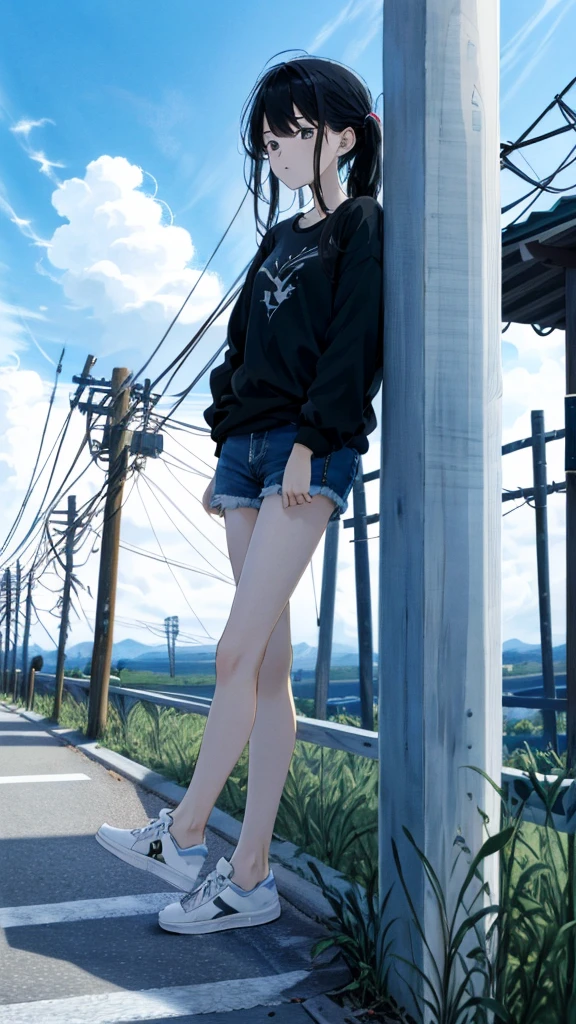masterpiece, Exquisite detail,Highest quality, One girl, alone, handrail, cloud, 立ってzeroを見上げている,Long Hair, shoes, zero, Long sleeve, sneakers, Power lines, White footwear, Black Hair, View your viewers, Electric pole, bangs, cloudy zero, fish, bird, Green Eyes, Shorts, animal, Day, Black Shirt, barefoot