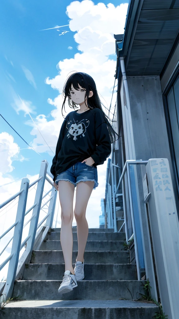 masterpiece, Exquisite detail,Highest quality, One girl, alone, handrail, cloud, 立ってzeroを見上げている,Long Hair, shoes, zero, Long sleeve, sneakers, Power lines, White footwear, Black Hair, View your viewers, Electric pole, bangs, cloudy zero, fish, bird, Green Eyes, Shorts, animal, Day, Black Shirt, barefoot