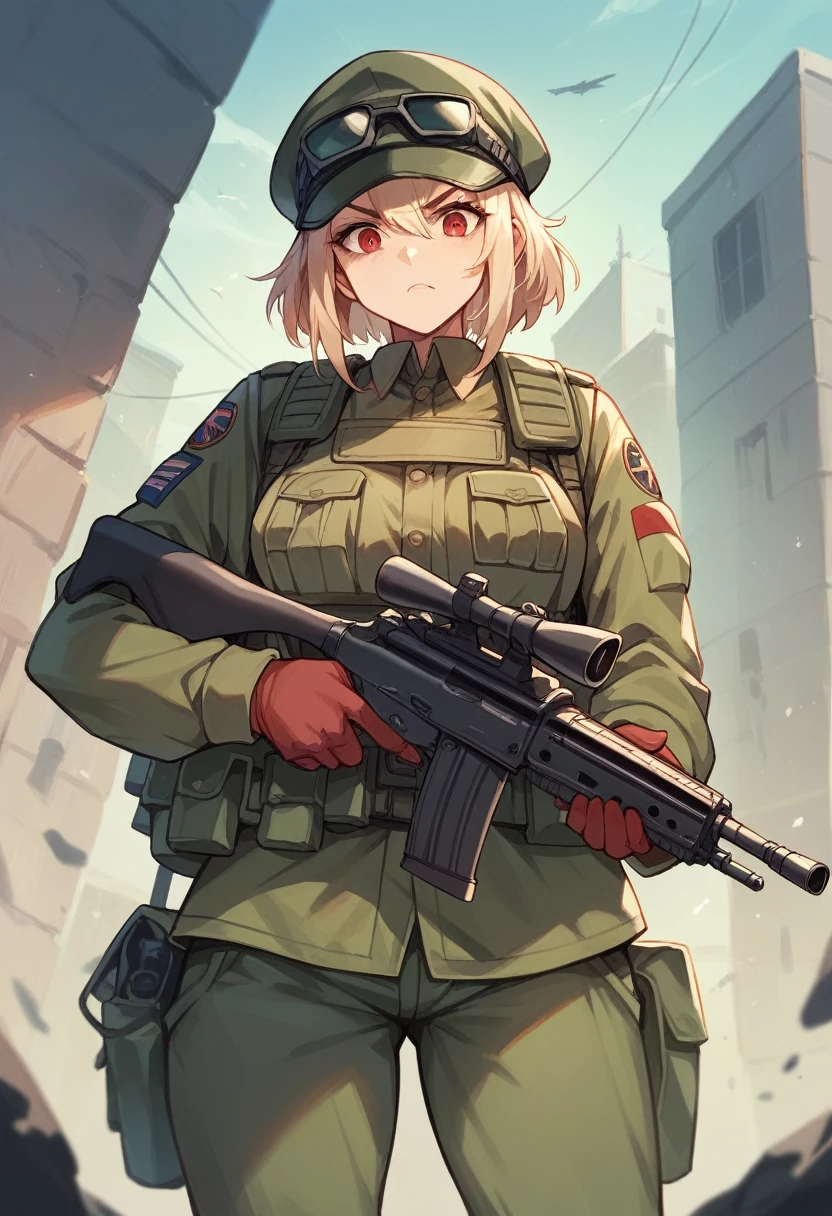A female major in an infantry regiment wearing a bright red military uniform、Equipped with an anti-materiel rifle and a handgun、A girl soldier equipped with an assault rifle and a rocket launcher、Infantry fighting vehicle、Omaha Beach