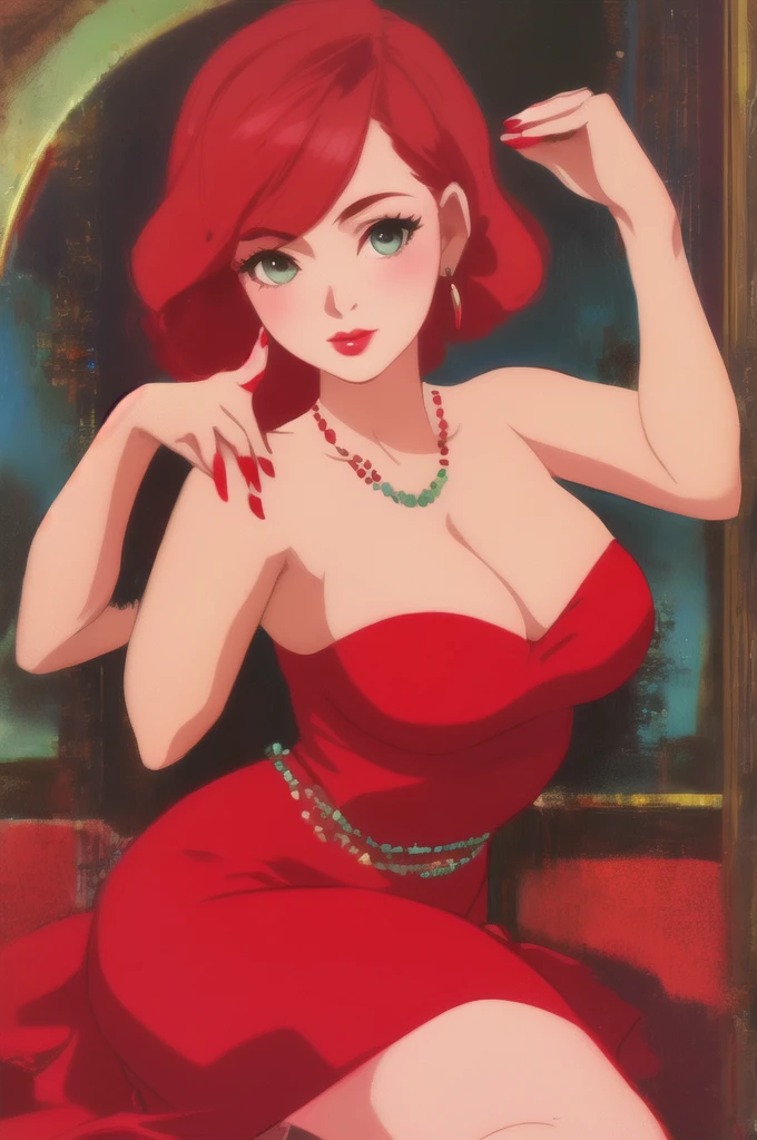 fashionable 30s Rebecca Cunningham lady bear, red_dress, girlfriend, cute pose, Art by Robert McGinnis