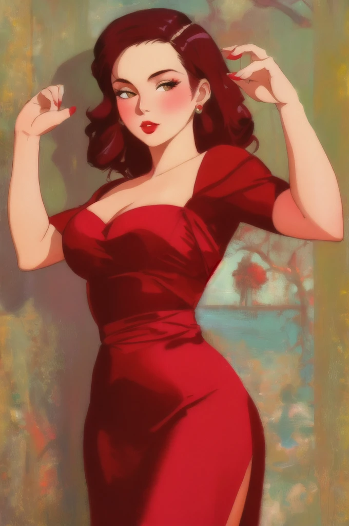 fashionable 30s Rebecca Cunningham lady bear, red_dress, girlfriend, cute pose, Art by Robert McGinnis